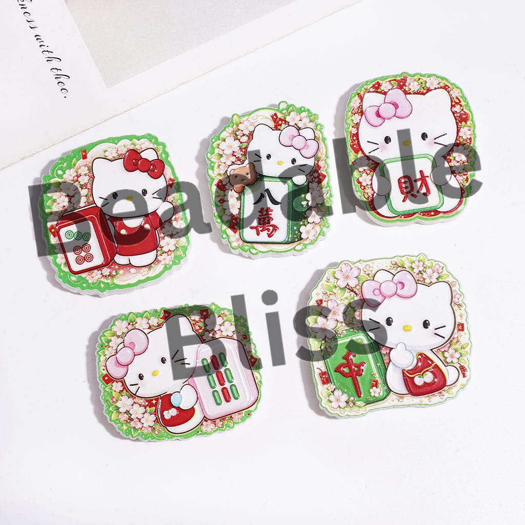 Mahjong Theme Acrylic Beads with Cute Cat Character and Pink Flower Patterns, Random Mix