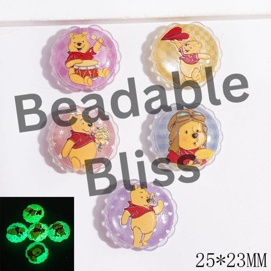 Cat Eye Style and Luminous Honey Bear Patterns Acrylic Beads, 25*23MM, Wavy Edge, Random Mix