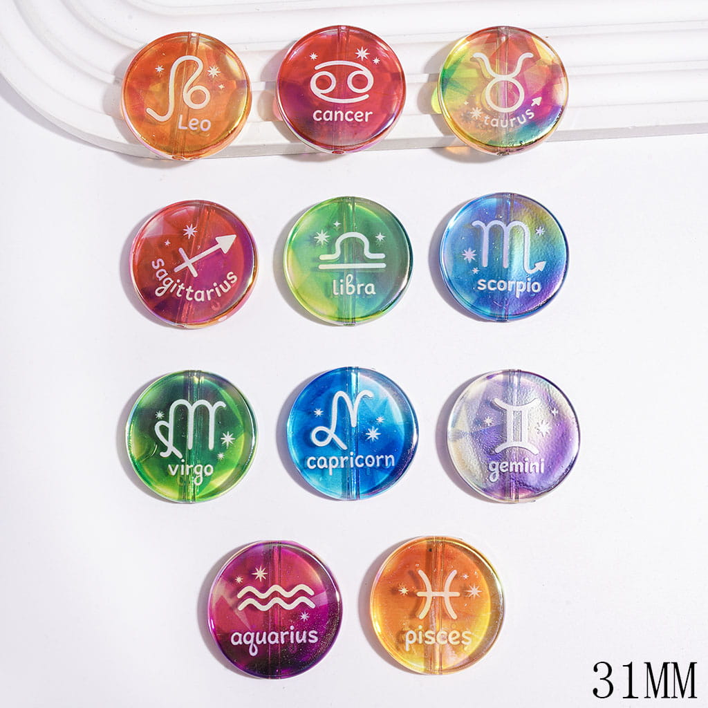 Clear Acrylic Beads UV Finish Twelve Constellations Series, 31MM, Flat Round Shape, Random Mix