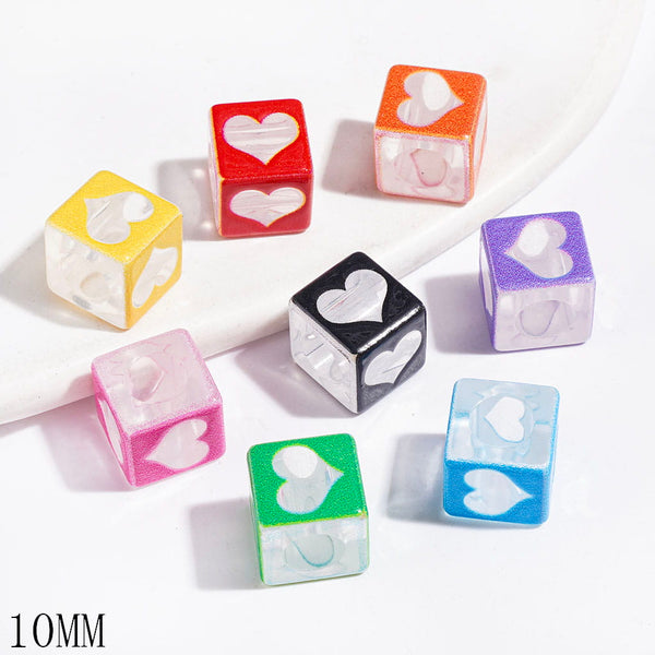 Acrylic Beads Cube Square Shape with Heart, 10MM, Big Hole Beads, Clea ...