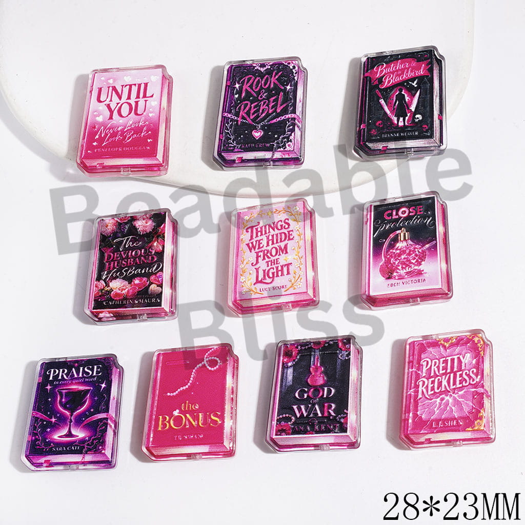Romance Novel Books Series Acrylic Beads, 28*23MM, Semi-Clear, Pink Purple Series, Random Mix