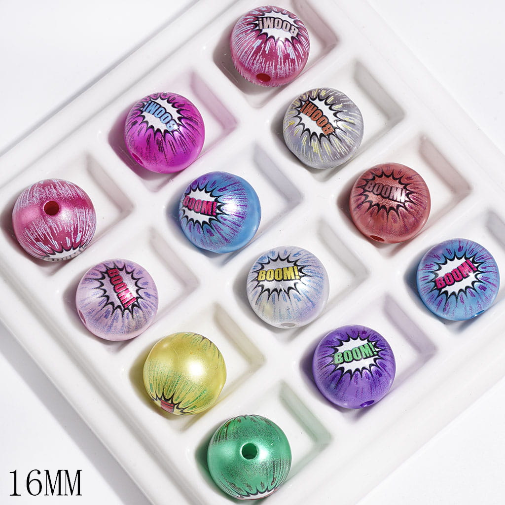 Funny Text "BOOM!" Acrylic Beads for DIY Bracelets, Pearlized Finish, 16MM, Various Colors, Random Mix
