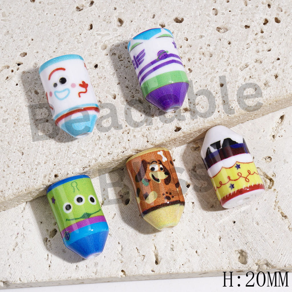 Pencil Bullet Design with Toy Adventure Characters Patterns Acrylic Beads, Height 20MM, Random Mix