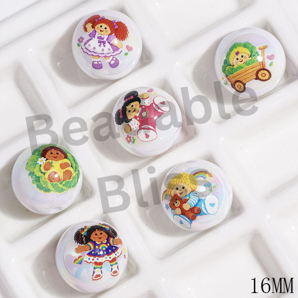 Cabbage Baby Doll Prints Acrylic Beads for Bracelets, UV Finish, 16MM, Random Mix