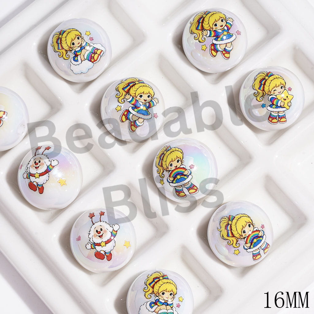 UV Coating Rainbow Girl Prints Acrylic Beads for DIY Bracelets, 16MM, Random Mix