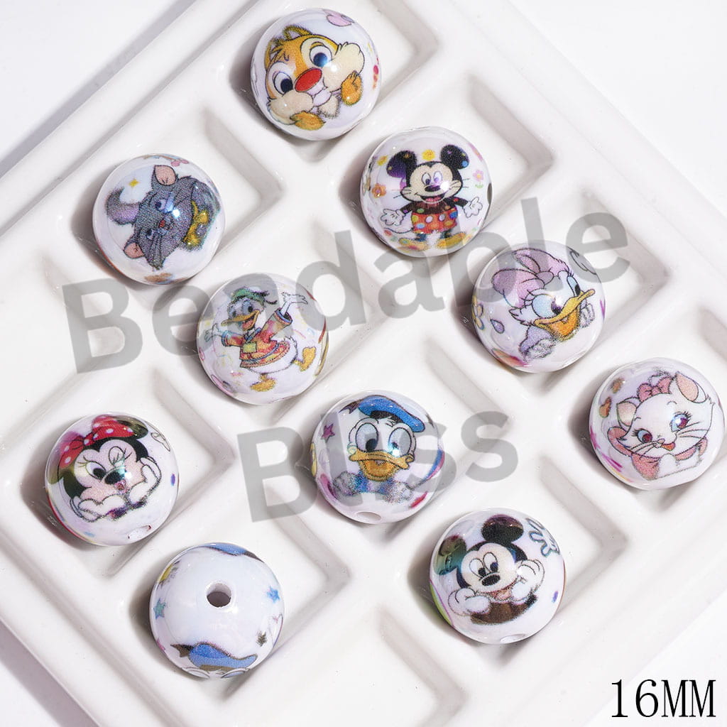 UV-Coated Classic Animation Animal Characters Patterns Acrylic Beads for Bracelets, 16MM, Random Mix