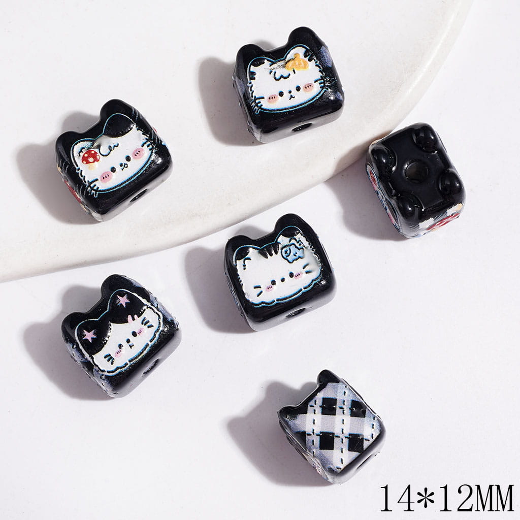 Kitten Head Shape with Cat Patterns Acrylic Beads, 14*12MM, Random Mix