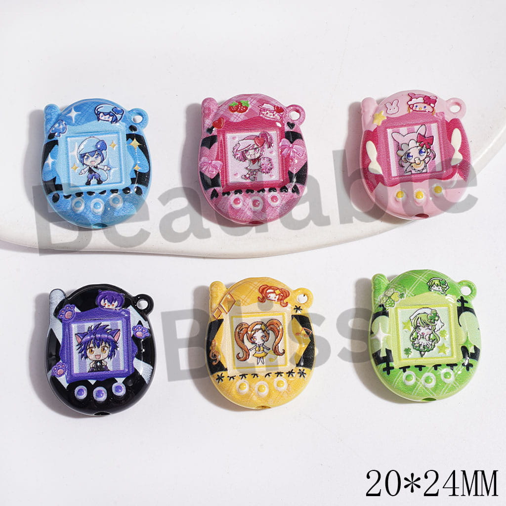 Anime SC Character Prints Acrylic Beads and Pendants, 20*24MM, Electronic Pet Game Machine Shape, Multi-Color, Random Mix