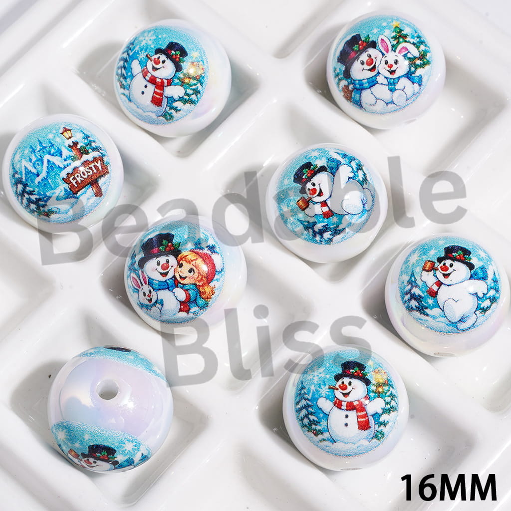 UV Finish Acrylic Beads for Bracelets Winter Snowman Theme, 16MM Random Mix