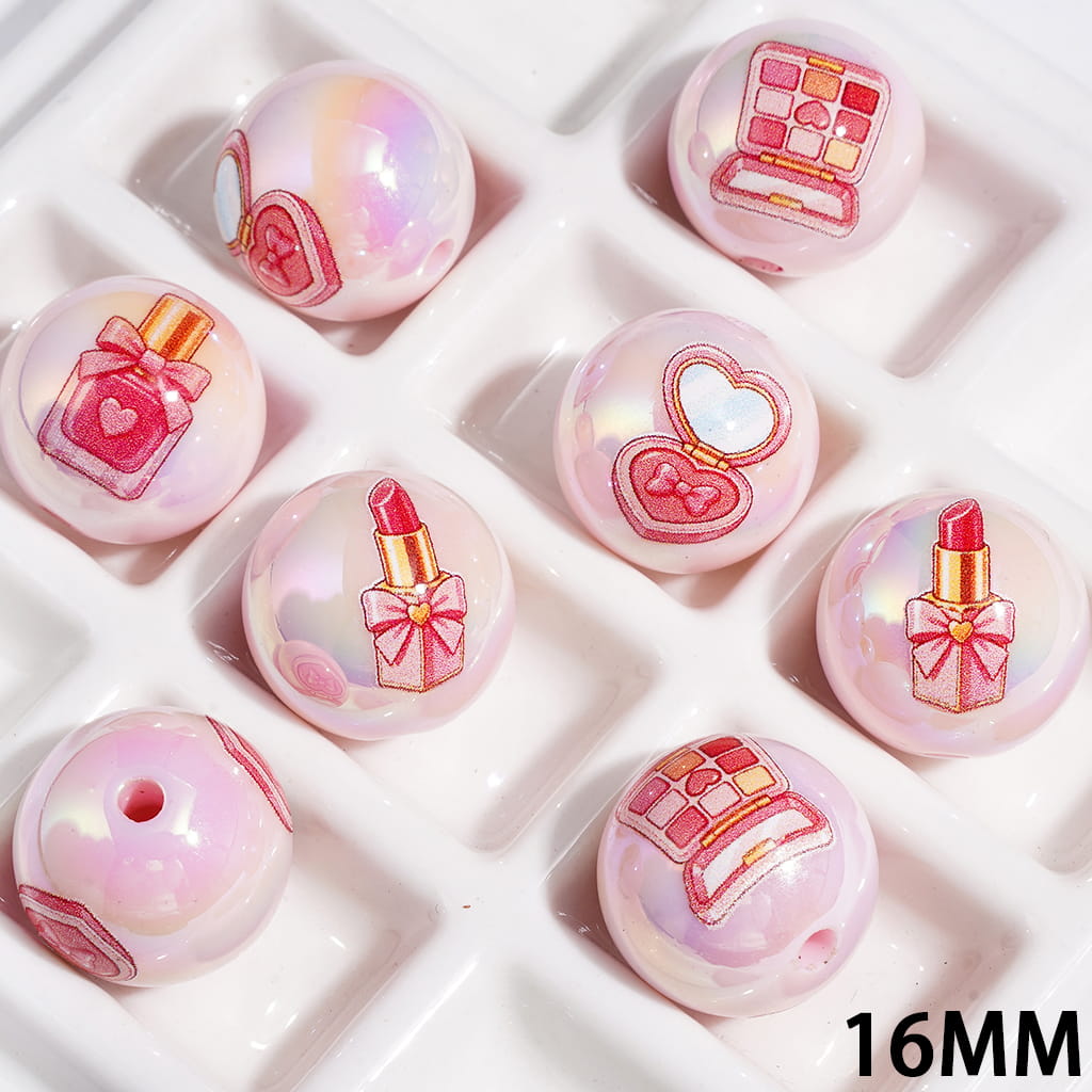 Lipstick Perfume Eyeshadow Palette Makeup Mirror in Pink Series Acrylic Beads for Bracelets, UV Finish, 16MM Random Mix