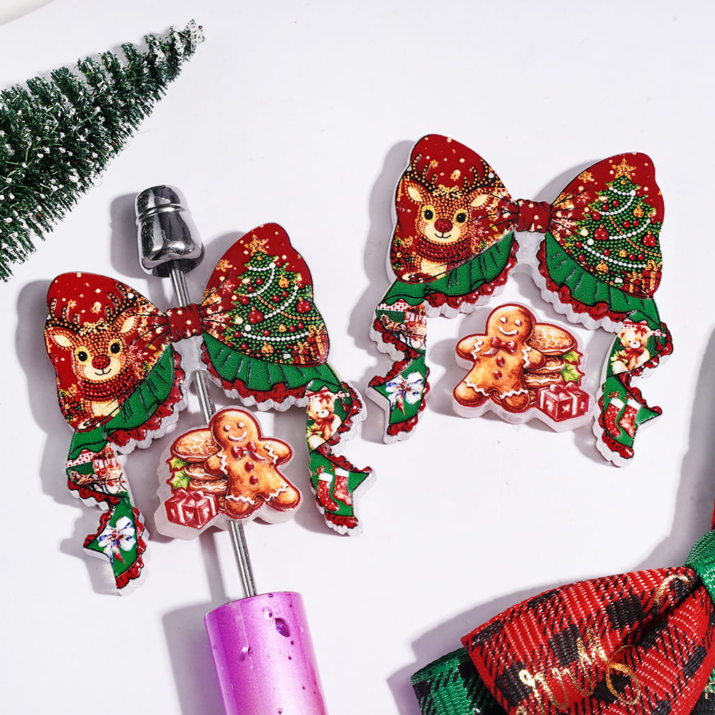 Christmas Bowtie and Gingerbread Man Collection Set Acrylic Beads, with Reindeer Gift Box Tree Prints