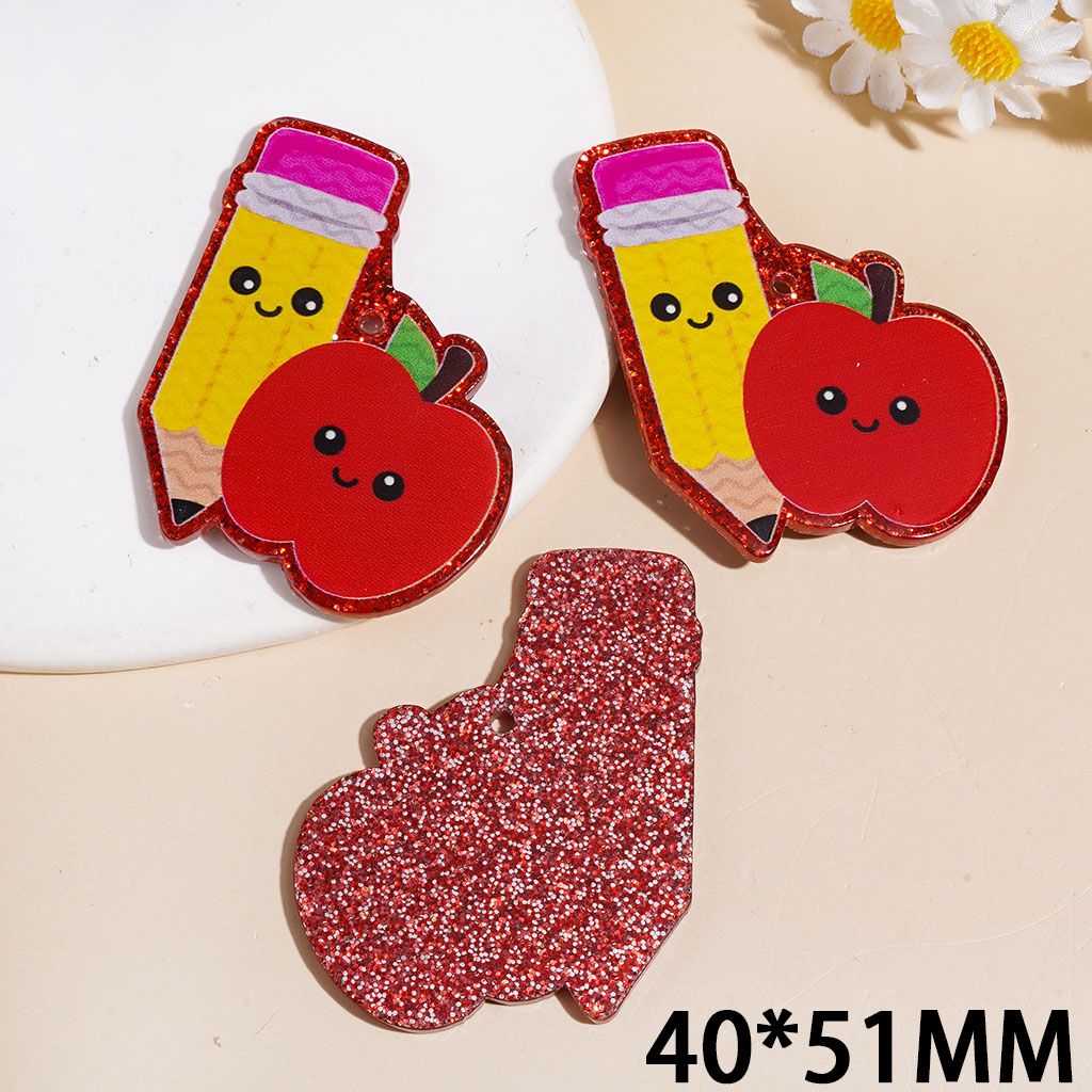 Cute Red Apple and Yellow Pencil with Glitter Acrylic Pendants, 40*51MM