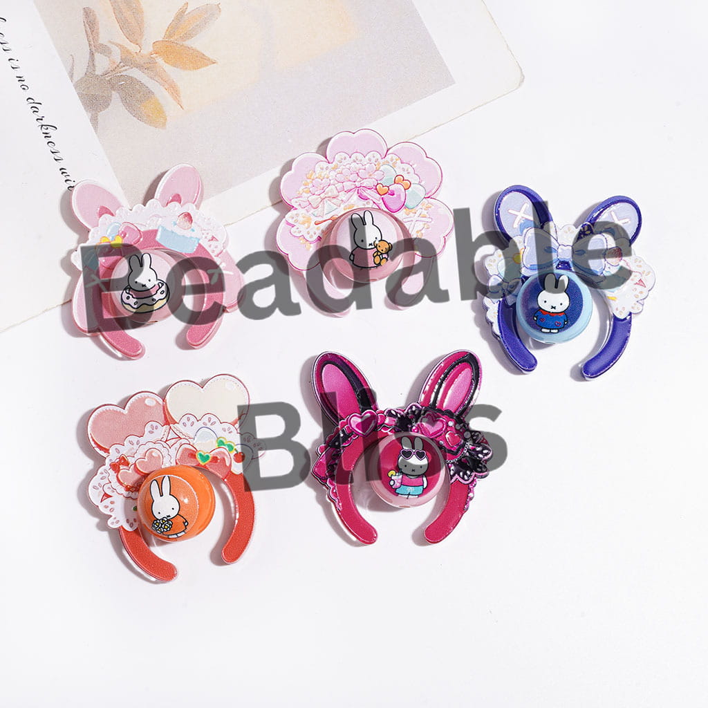 Acrylic Beads Bunny Ear Design Hairband and Round Beads Set, White Bunny Characters Print Series, Random Mix (1 Set=2 Pieces)