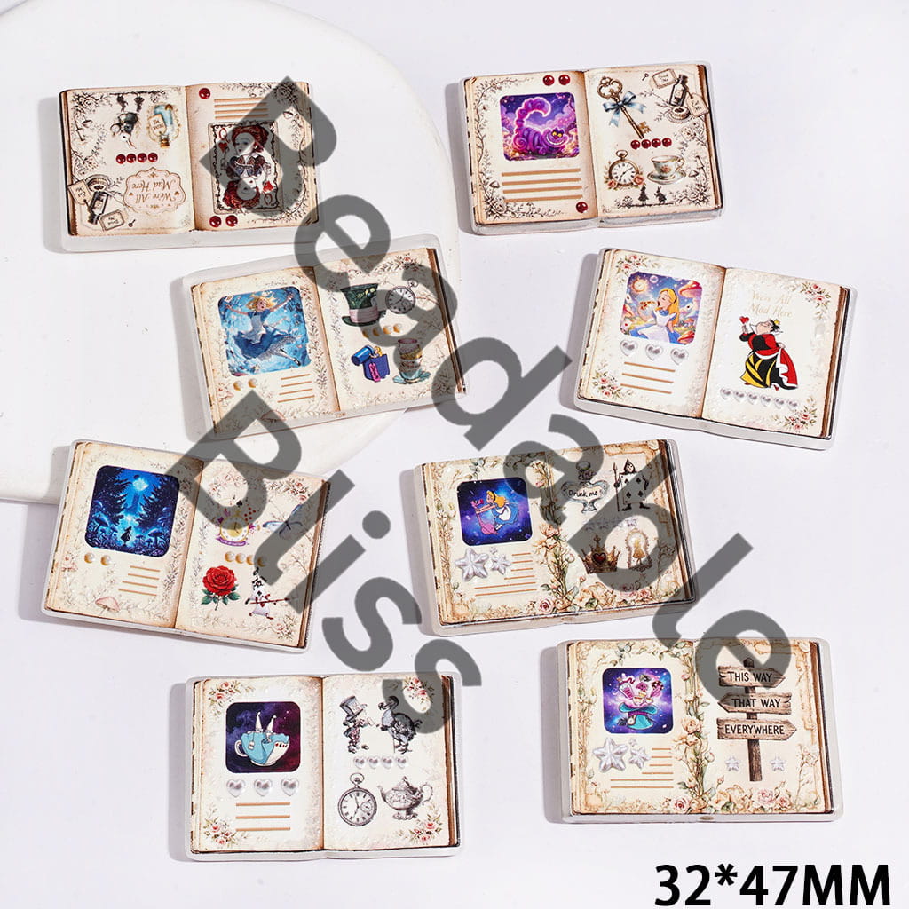Magic Book Acrylic Beads, Girl Character into Rabbit Hole Fantasy World Series, 32*47MM, Random Mix