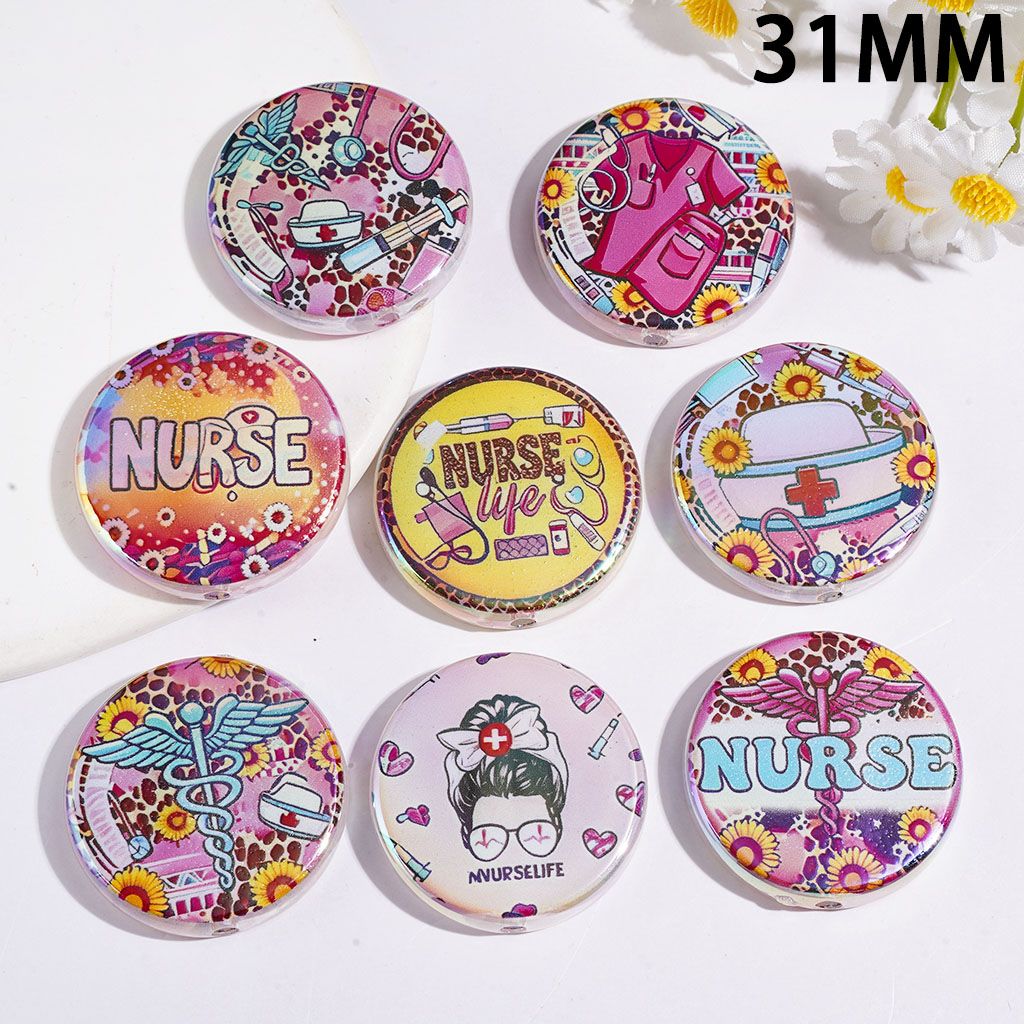 Acrylic Beads UV Coating Healthcare Nurse Theme, 31MM, Flat Round Shape, Random Mix