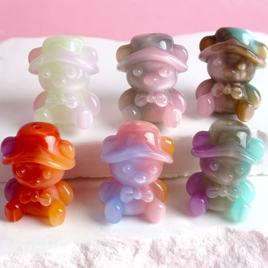 Glossy Gradient Ombre Color Cute Bear with Cap Hat Bow Acrylic Beads, Around 30*24MM