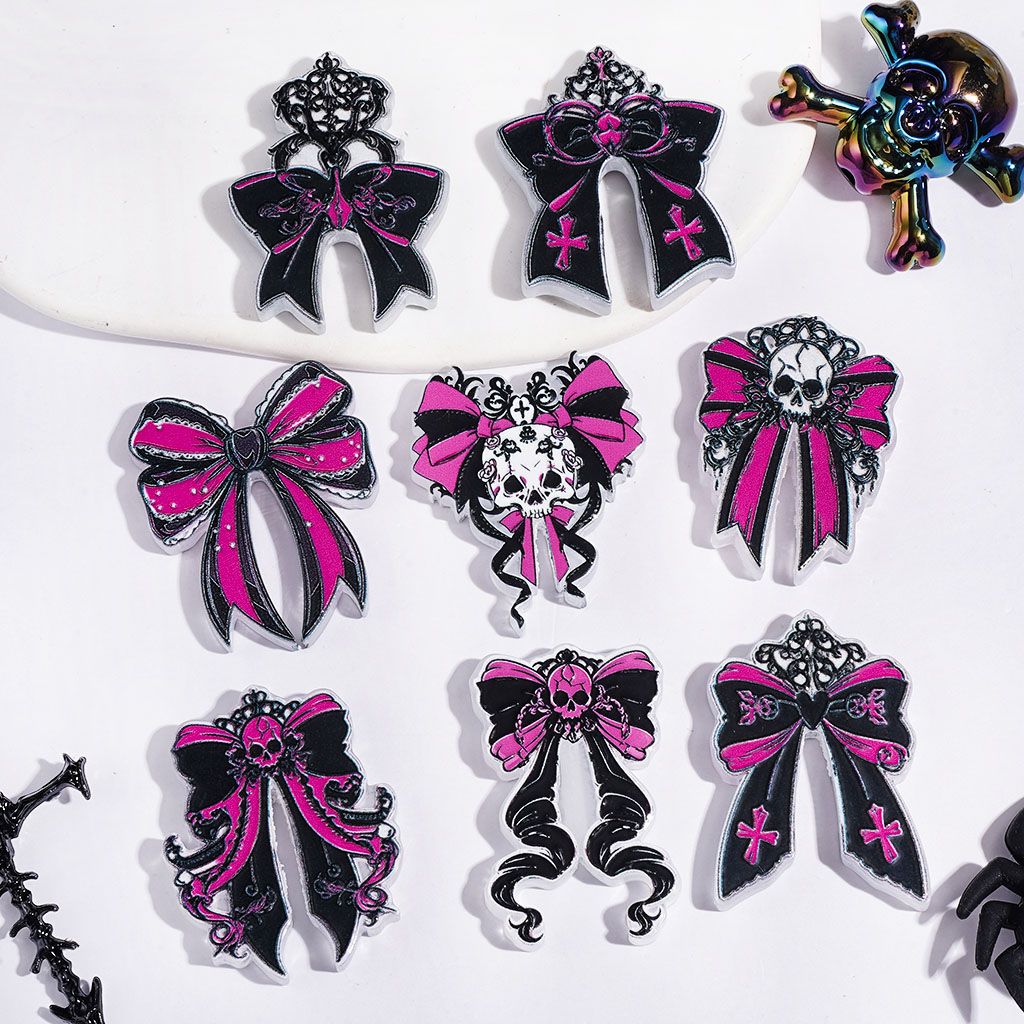 Acrylic Beads Bowtie with Skull and Cross, Black-Rose Purple Style, Random, Mix