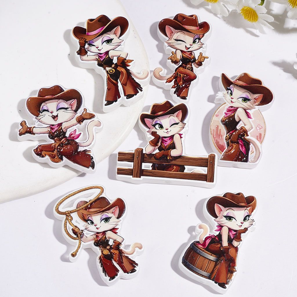 Western-Style Beautiful Cat with Cowboy Hat Acrylic Beads, Random Mix