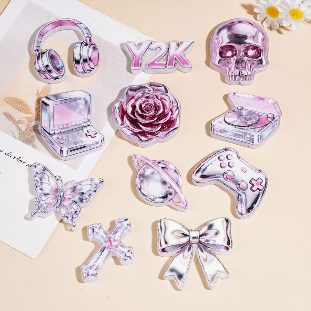 Acrylic Beads Bowtie Game Controller Butterfly Skull Head Flower Record Player Headset Planet, Silver Pink Series, Random Mix