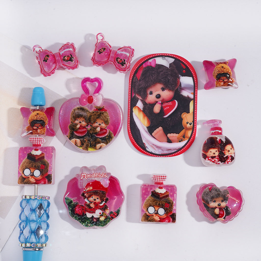 Acrylic Beads Pendant Baby Monkey Doll Character Theme, Rose Pink Series, Random Mix