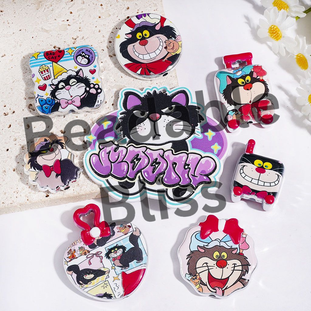 Acrylic Beads Black Rebellious Cat Character Series, Random Mix