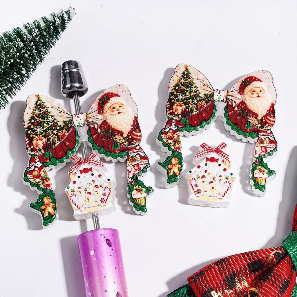 Acrylic Beads Christmas Bowtie and Candy House Collection Set, with Santa Claus Tree Gingerbread Man Prints