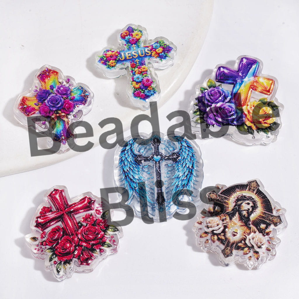 Christianity Theme Cross with Jesus and Flower Wing Acrylic Beads, Semi-Clear, Random Mix