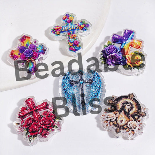Christianity Theme Cross with Jesus and Flower Wing Acrylic Beads, Semi-Clear, Random Mix