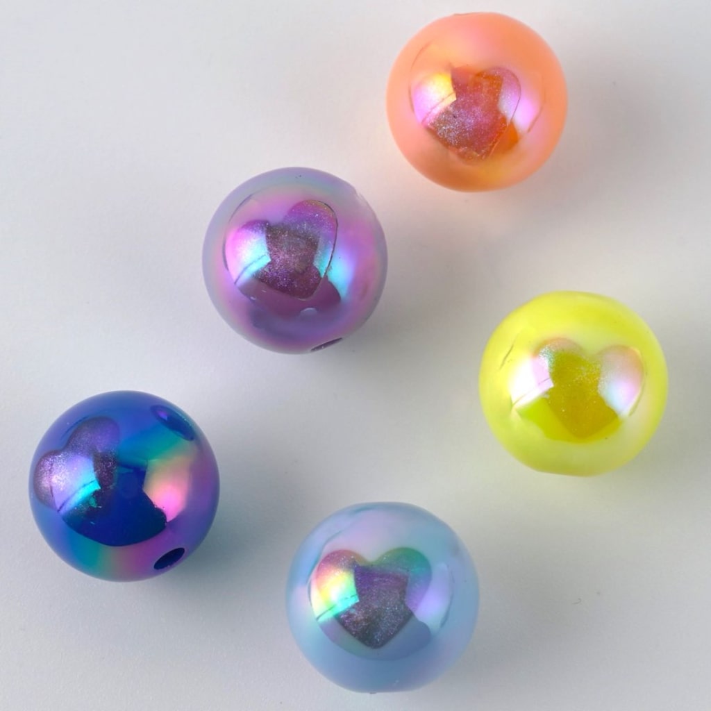 UV Coating Shiny Heart Prints Colorful Round Acrylic Beads, 16MM, Please Read the Description
