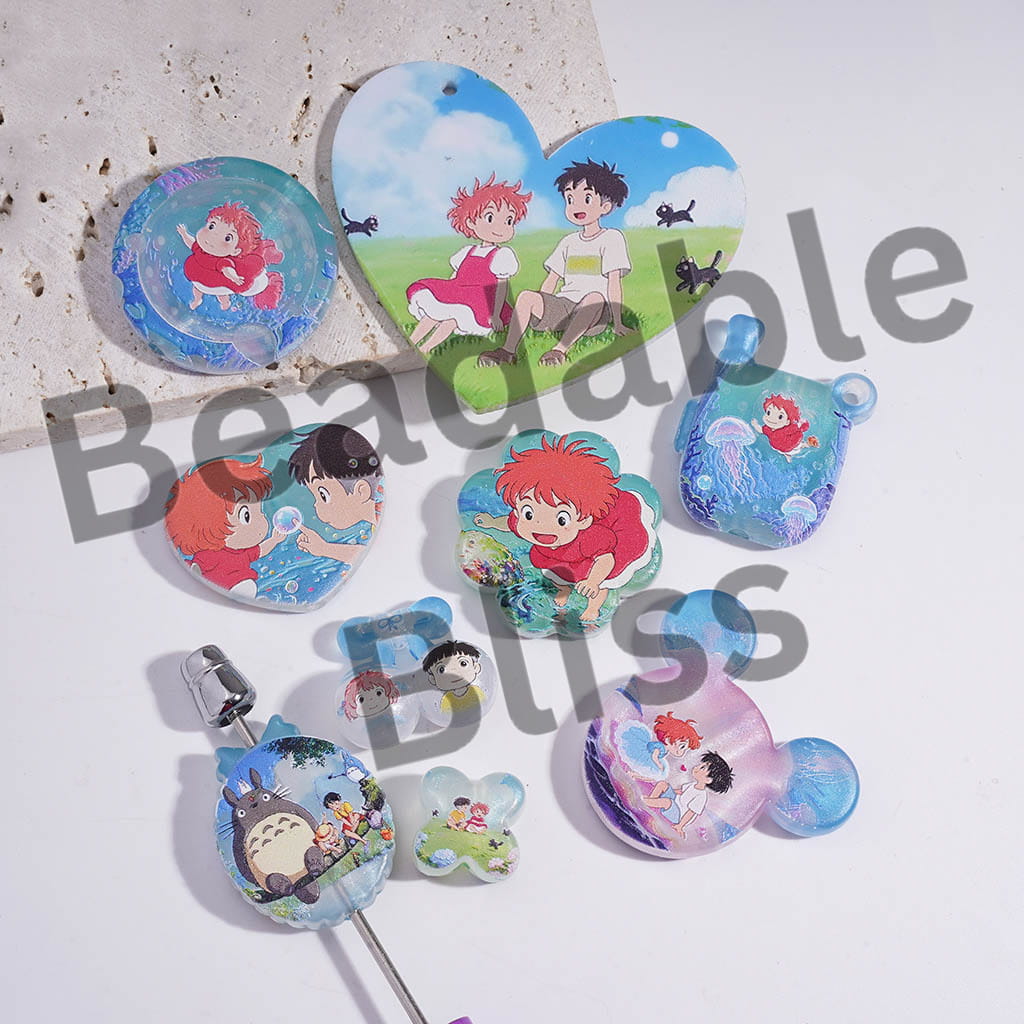Acrylic Beads Pendants Japanese Goldfish Girl and Chinchilla Character Series, Random Mix
