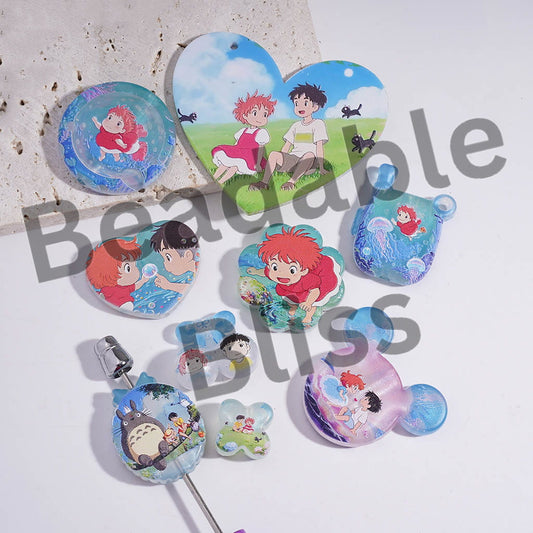 Acrylic Beads Pendants Japanese Goldfish Girl and Chinchilla Character Series, Random Mix