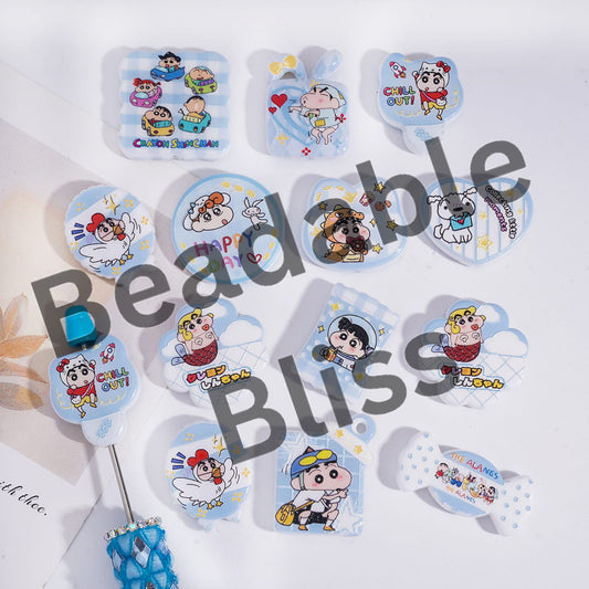 Acrylic Beads Pendant with Japanese Funny Boy Character Prints, Light Blue, Random Mix