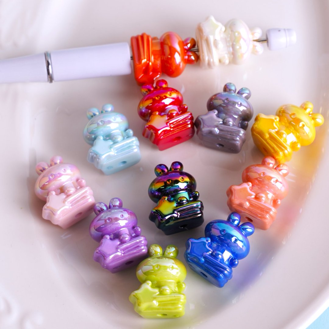 UV Coating Shiny Cute Bunny Rabbit with Star Acrylic Beads, Around 20*24MM, Random Mix