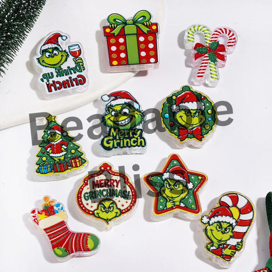 Christmas Green Character Wreath Stocking Candy Cane Series Acrylic Beads, Semi-Clear, Random Mix
