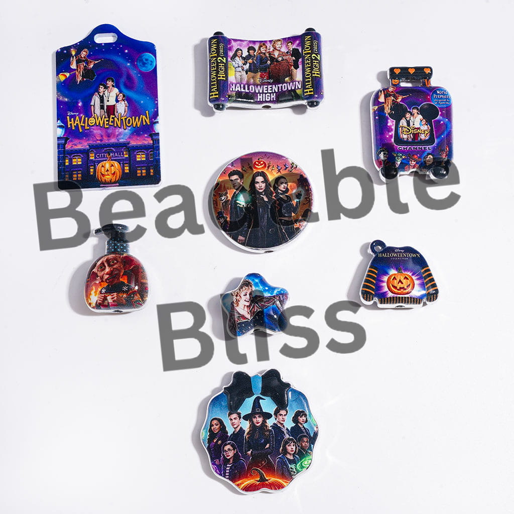 Acrylic Beads and Pendants with Halloween Character, Silver Border, Random Mix