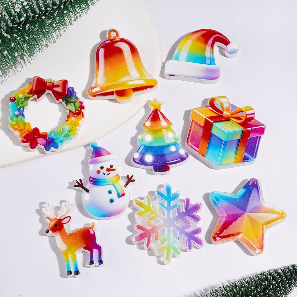 Acrylic Beads Christmas Tree Bell Gift Box Wreath Reindeer Santa Hat Star Snowman Snowflake, Rainbow Style, Random Mix