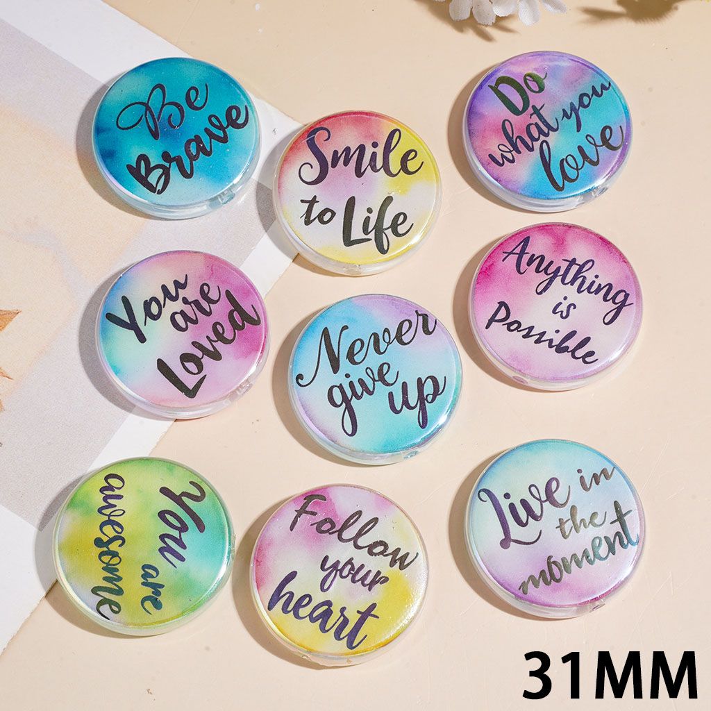 Text "Be Brave" "Follow Your Heart"... UV-Coated Acrylic Beads, 31MM, Ombre Colors, Flat Round Shape, Random Mix