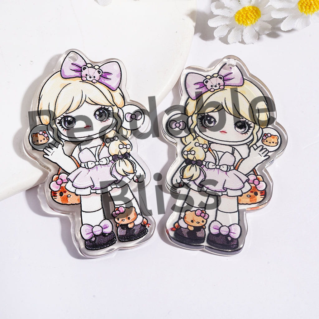 Girl with Yellow Braid Purple Dress Handbag in Single-Sided Acrylic Pendants