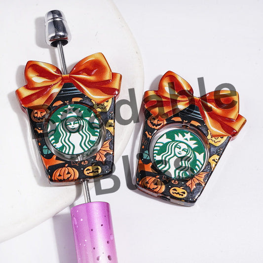Halloween Theme Hollowed Cup with Bowtie and Tiny Coffee Piece Acrylic Beads, Semi-Clear (Please Read the Description)
