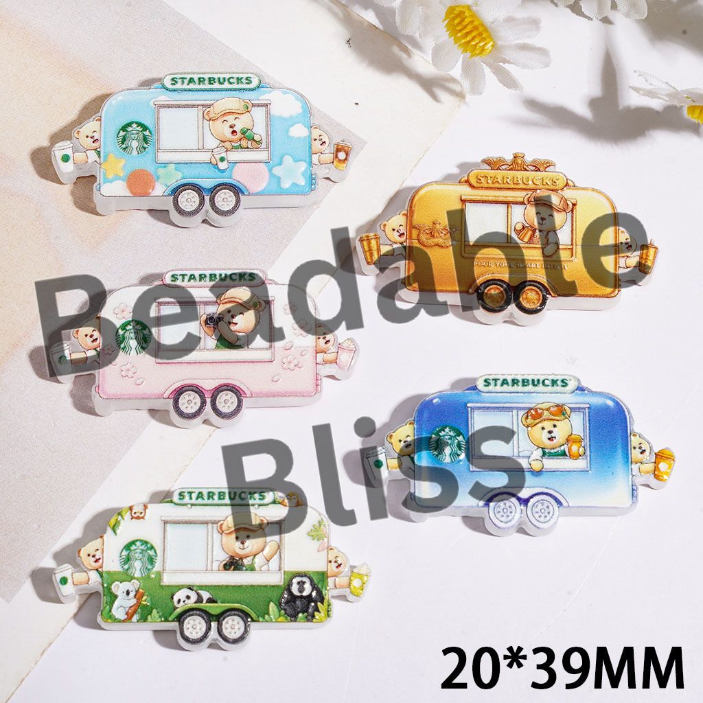 Acrylic Beads Cute Bear Coffee Bus, 20*39MM, Multi-Color, Random Mix