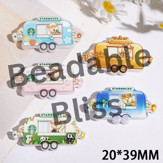 Acrylic Beads Cute Bear Coffee Bus, 20*39MM, Multi-Color, Random Mix
