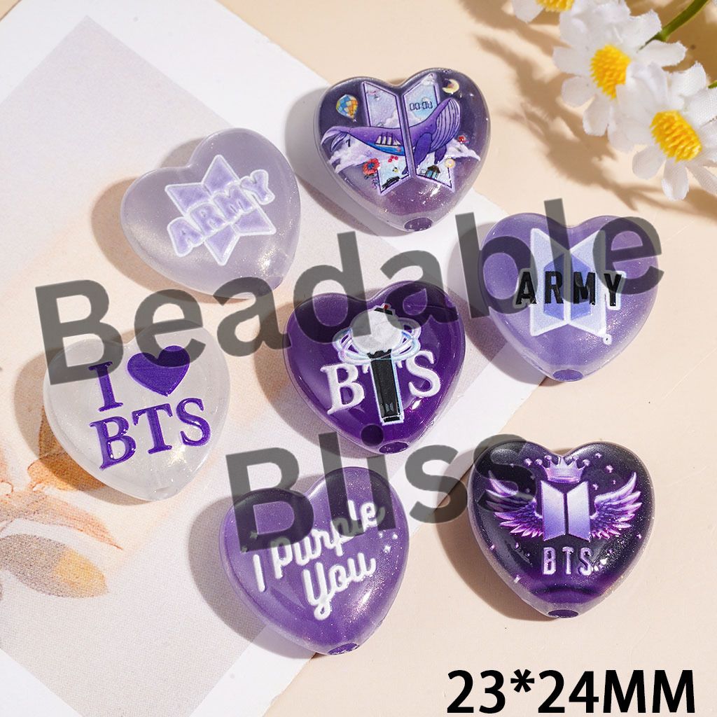 Acrylic Beads with Glitter and Korea Boy Group Prints, 23*24MM, Flat Heart Shape, Silver Purple Style, Random Mix