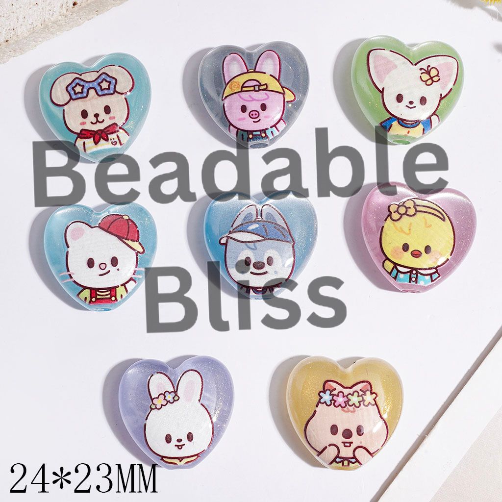Acrylic Beads Heart with Cartoon Image Style Korea Boy Group and Glitter in Various Colors, 24*23MM Random Mix