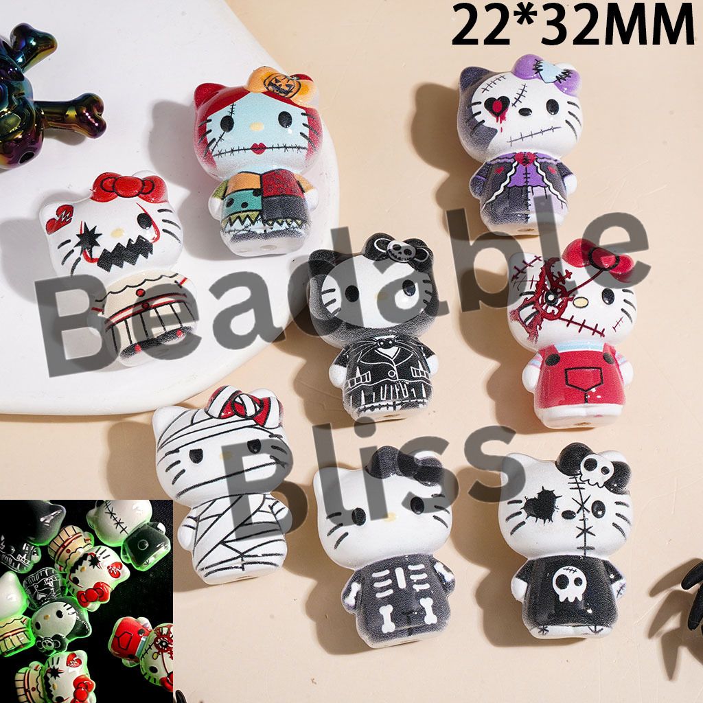 Luminous Cute Cat Character in Halloween Mummy Skull Pirate Horror Costume Acrylic Beads, 22*32MM, Random Mix