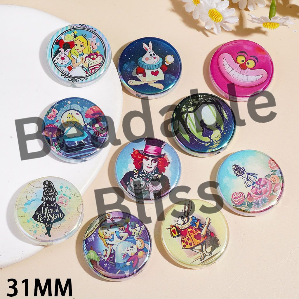 Acrylic Beads UV-Coated with Girl Character into Rabbit Hole Fantasy World Series, 31MM, Flat Round Shape, Random Mix