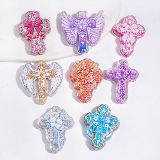 Cross with Flower and Wings Acrylic Beads, Random Mix