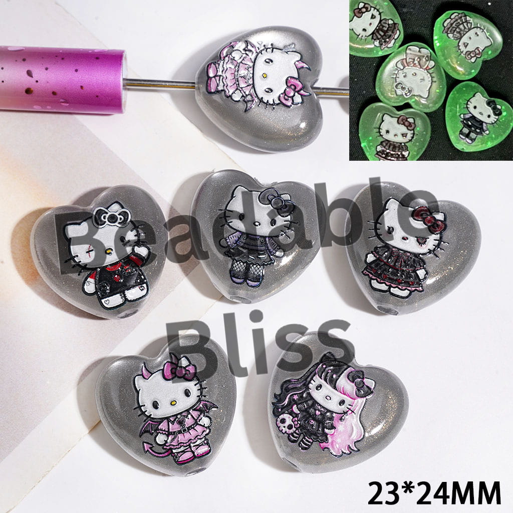 Luminous Cat Eye Style Acrylic Beads Heart with Cute Cat Character and Glitter, 23*24MM Random Mix