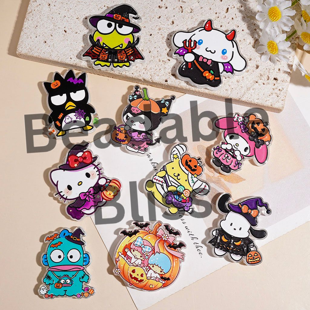 Acrylic Beads Halloween Adorable Character Series Print, Semi-Clear, Random Mix