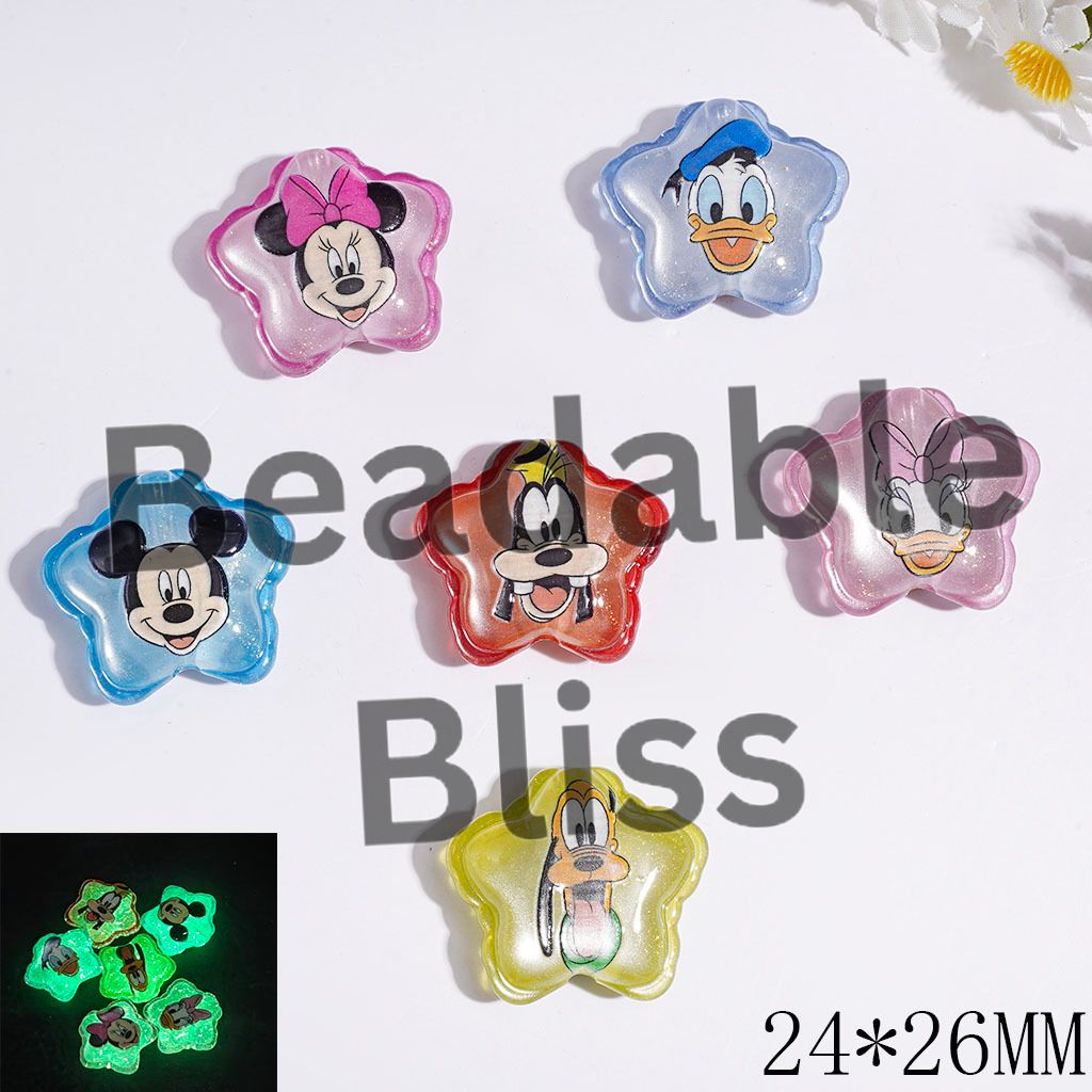 Luminous Acrylic Beads with Classic Animal Characters Girl and Boy Mouse Duck Dog and Glitter, Wavy Edged Star Shape, 24*26MM Multi-Color Random Mix