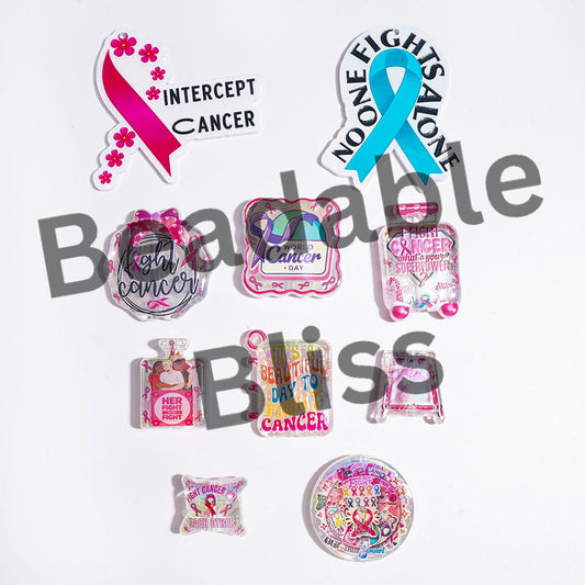 UV-Coated Acrylic Beads and Pendants with Ribbon Bowtie in Breast Cancer Theme, Random Mix